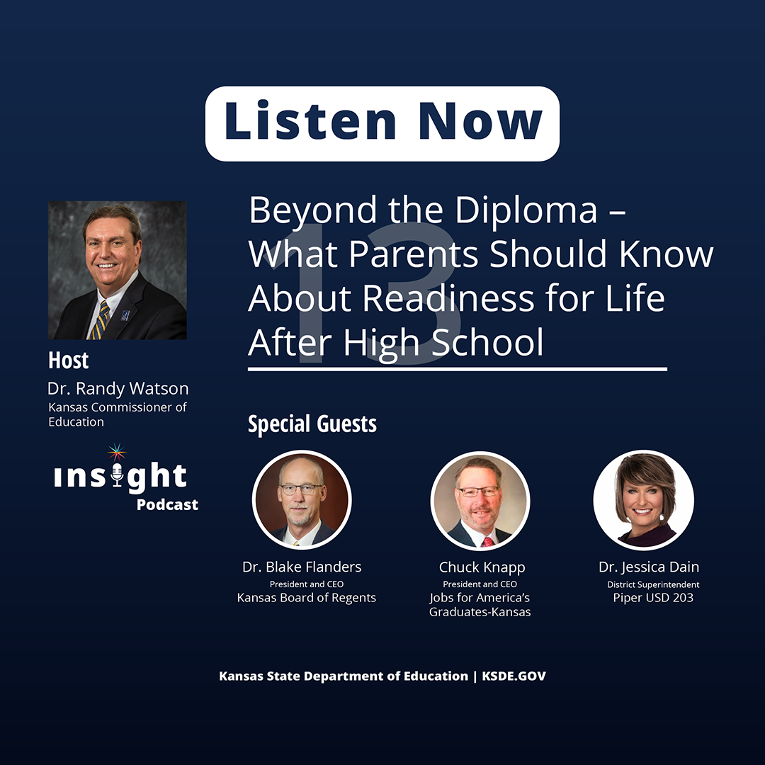 Insight Podcast episode 13 “Beyond the Diploma – What Parents Should Know About Readiness for Life After High School.” Dr. Randy Watson, Dr. Blake Flanders, Chuck Knapp, and Dr. Jessica Dain.