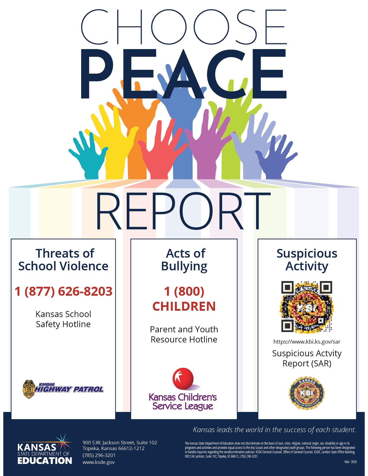 A KSDE safety flyer listing hotline numbers for reporting school violence and bullying, along with a link to file suspicious activity reports, KSDE contact information, a nondiscrimination statement, and the KSDE logo.