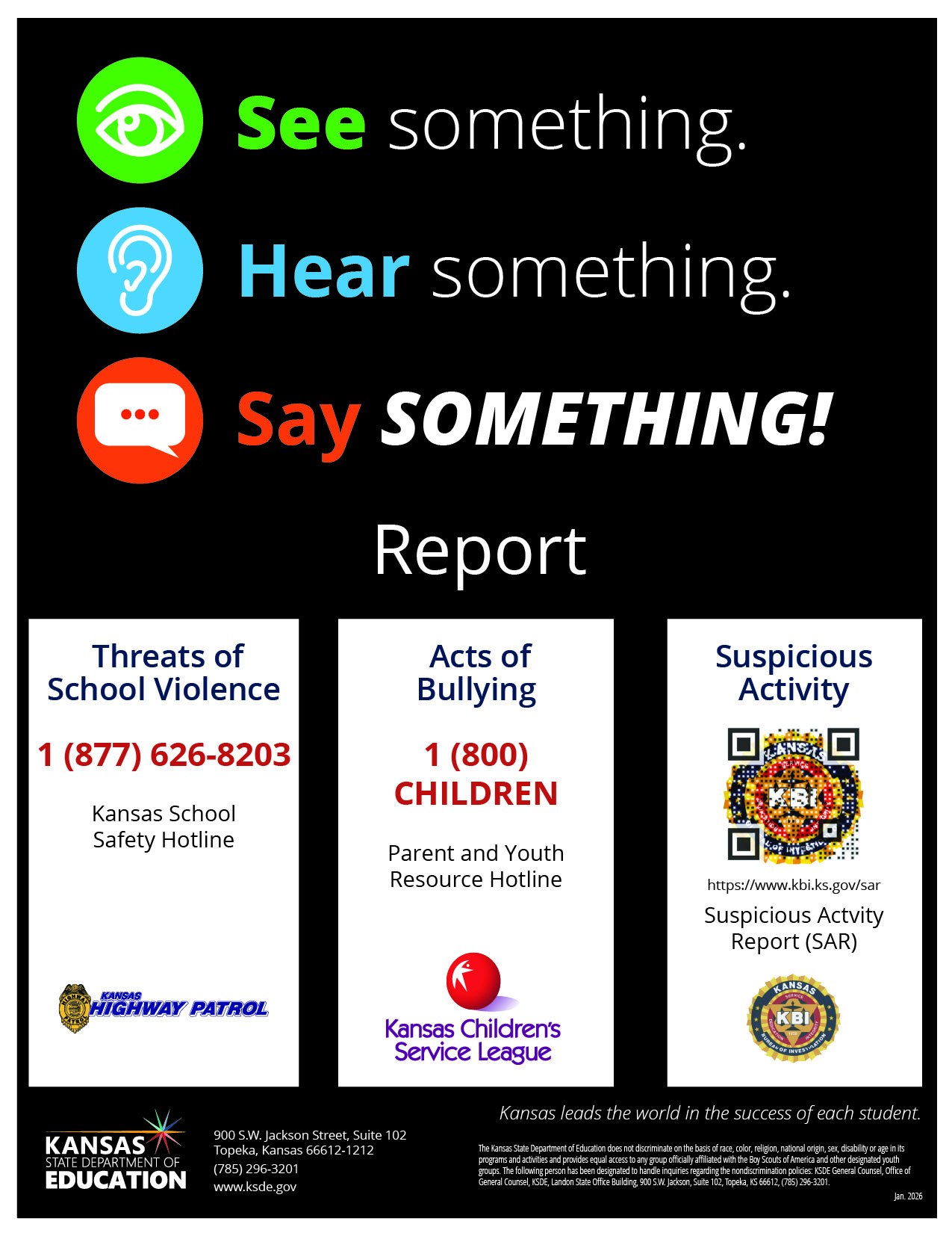 Poster with the message “See Something, Hear Something, Say Something” encouraging people to report suspicious or concerning behavior to keep schools safe. Includes icons for sight, hearing, and speaking.